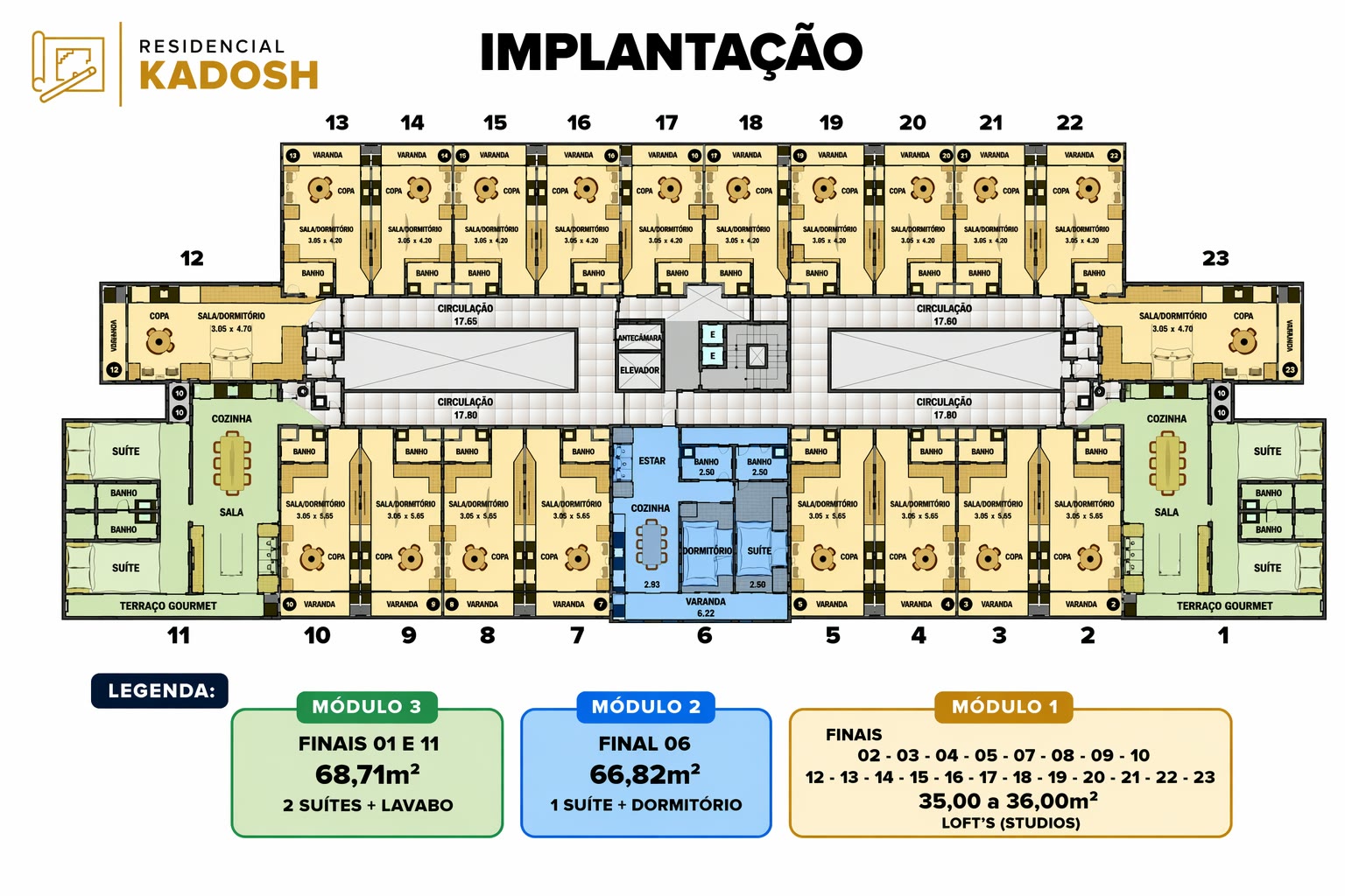 Implantação do Kadosh Residence com a posição dos finais 01 a 23 no pavimento tipo