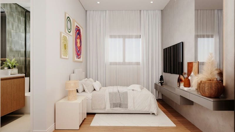 Interior decorado de loft do Kadosh Residence em Ubatuba