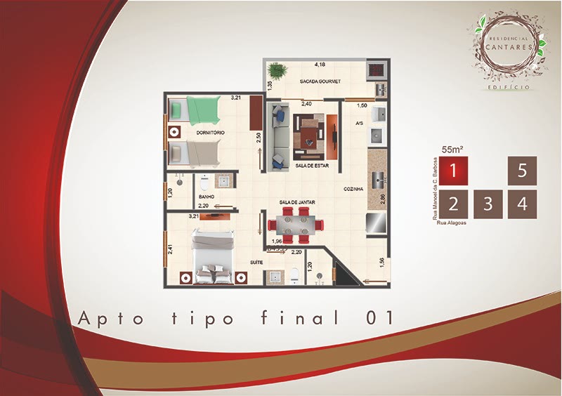 Planta 2 dormitórios Finais 01, 02, 04 e 05 do Residencial Vila de Cantares, 55 m², Centro, Ubatuba/SP