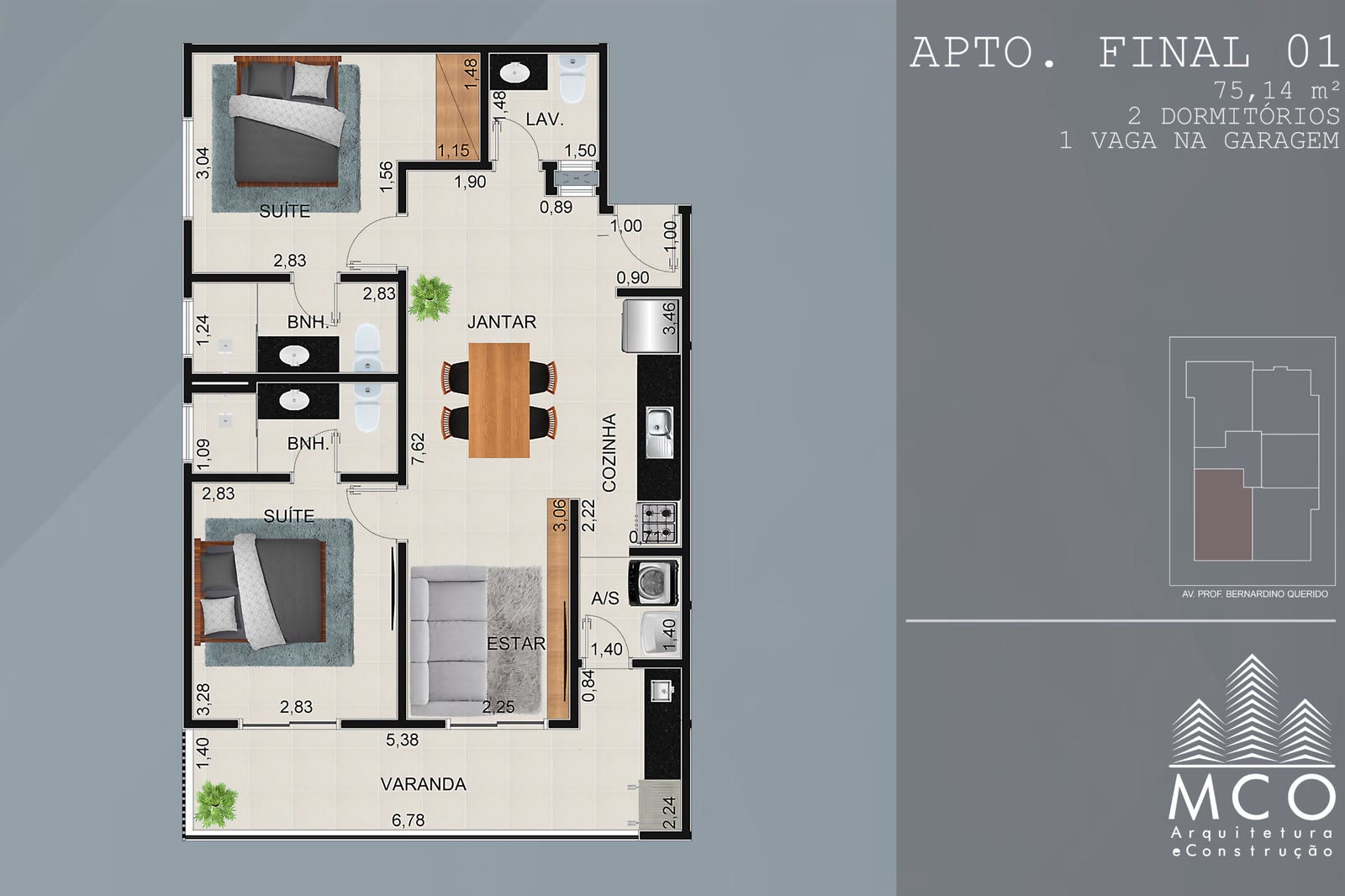 Planta Final 01 2 suítes do Residencial Esdras, 75,14 m², Itaguá, Ubatuba/SP