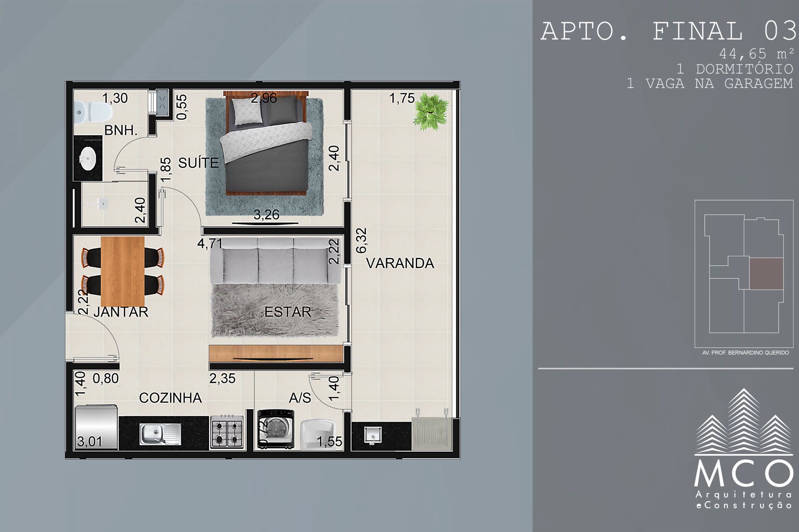 Planta Final 03 1 dormitório do Residencial Esdras, 44,65 m², Itaguá, Ubatuba/SP