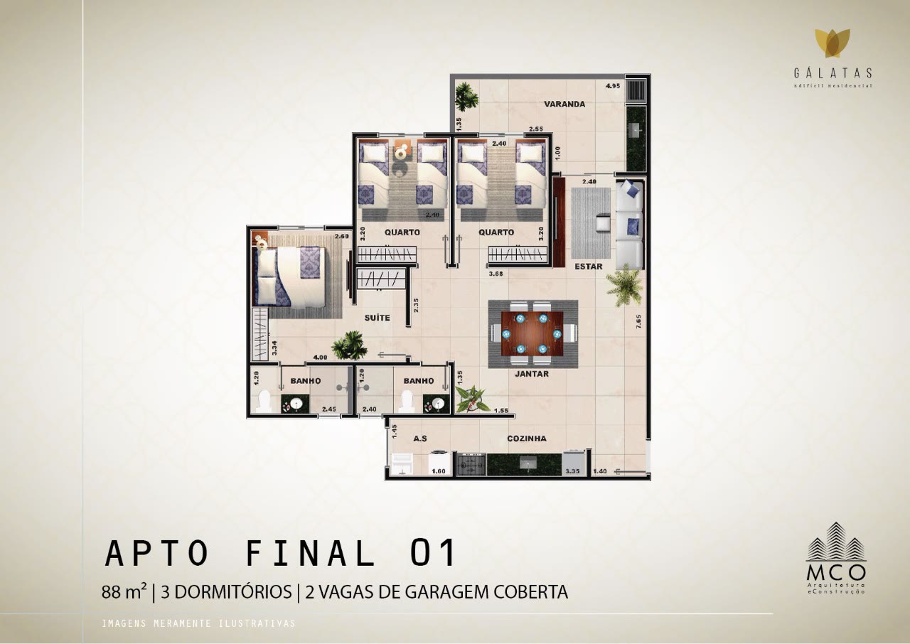 Planta 3 dormitórios Finais 01 e 02 do Residencial Gálatas, 88 m², Centro, Ubatuba/SP