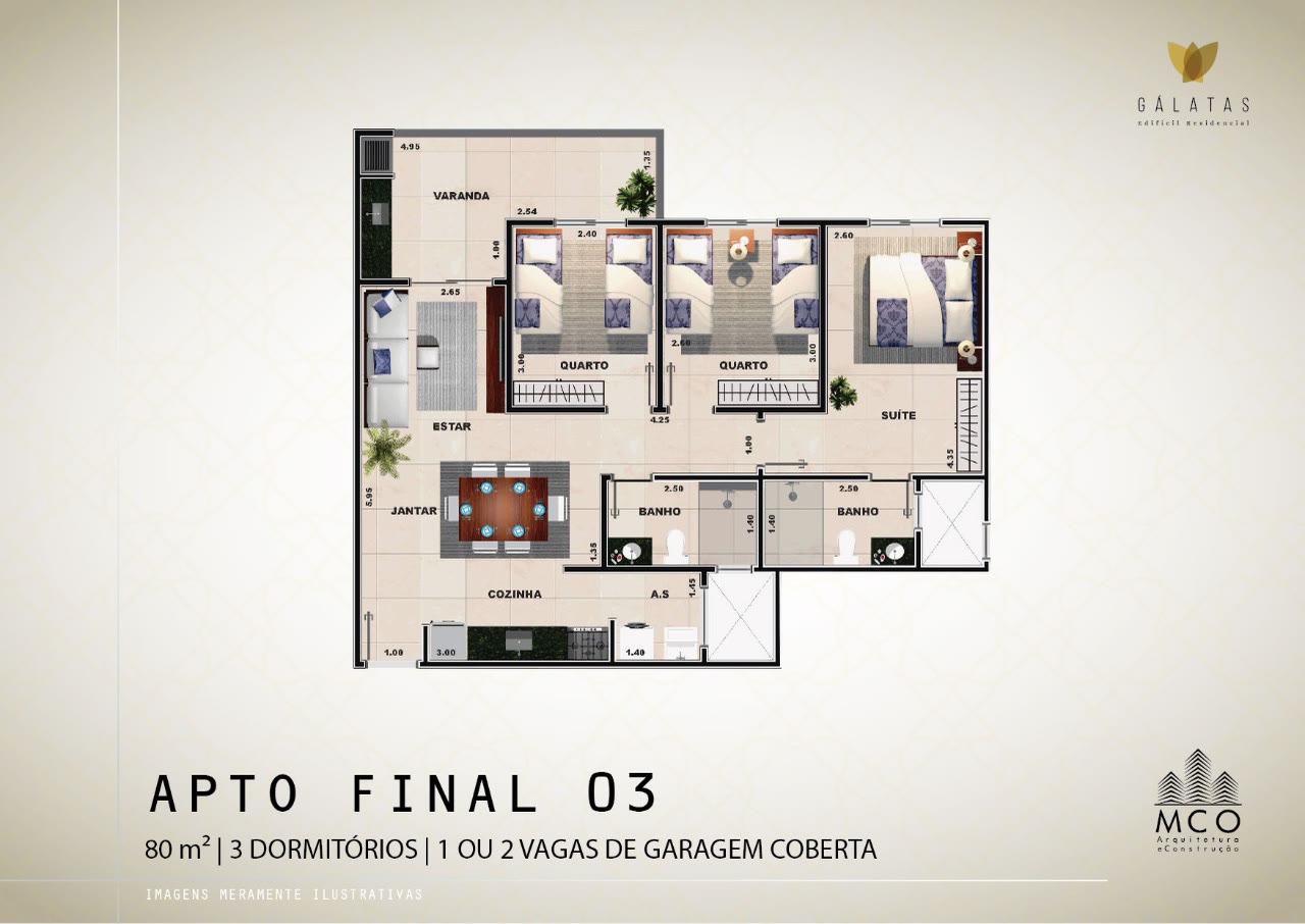 Planta 3 dormitórios Finais 03, 11 e 12 do Residencial Gálatas, 79 a 80 m², Centro, Ubatuba/SP