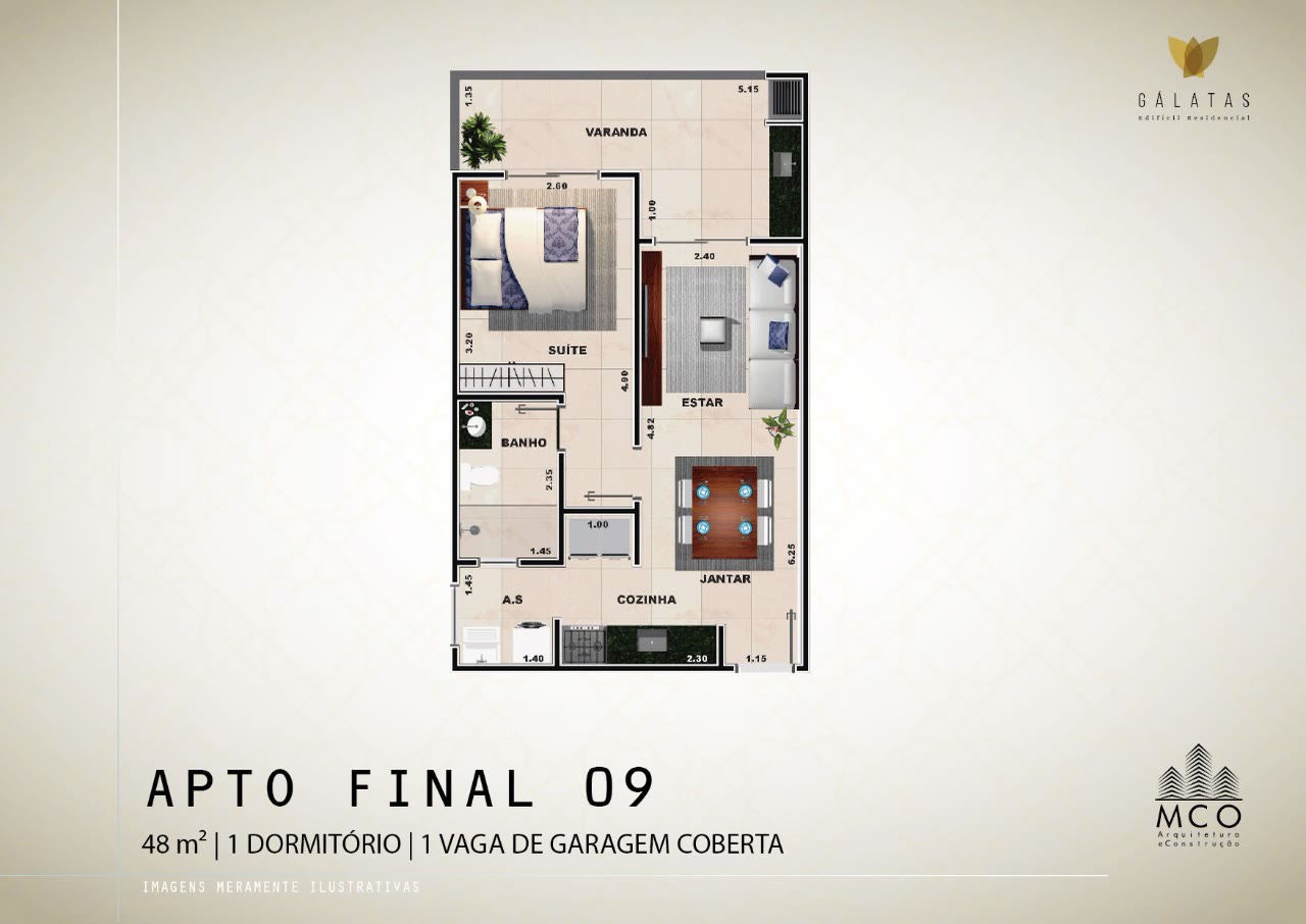 Planta 1 dormitório Finais 09 e 10 do Residencial Gálatas, 48 m², Centro, Ubatuba/SP