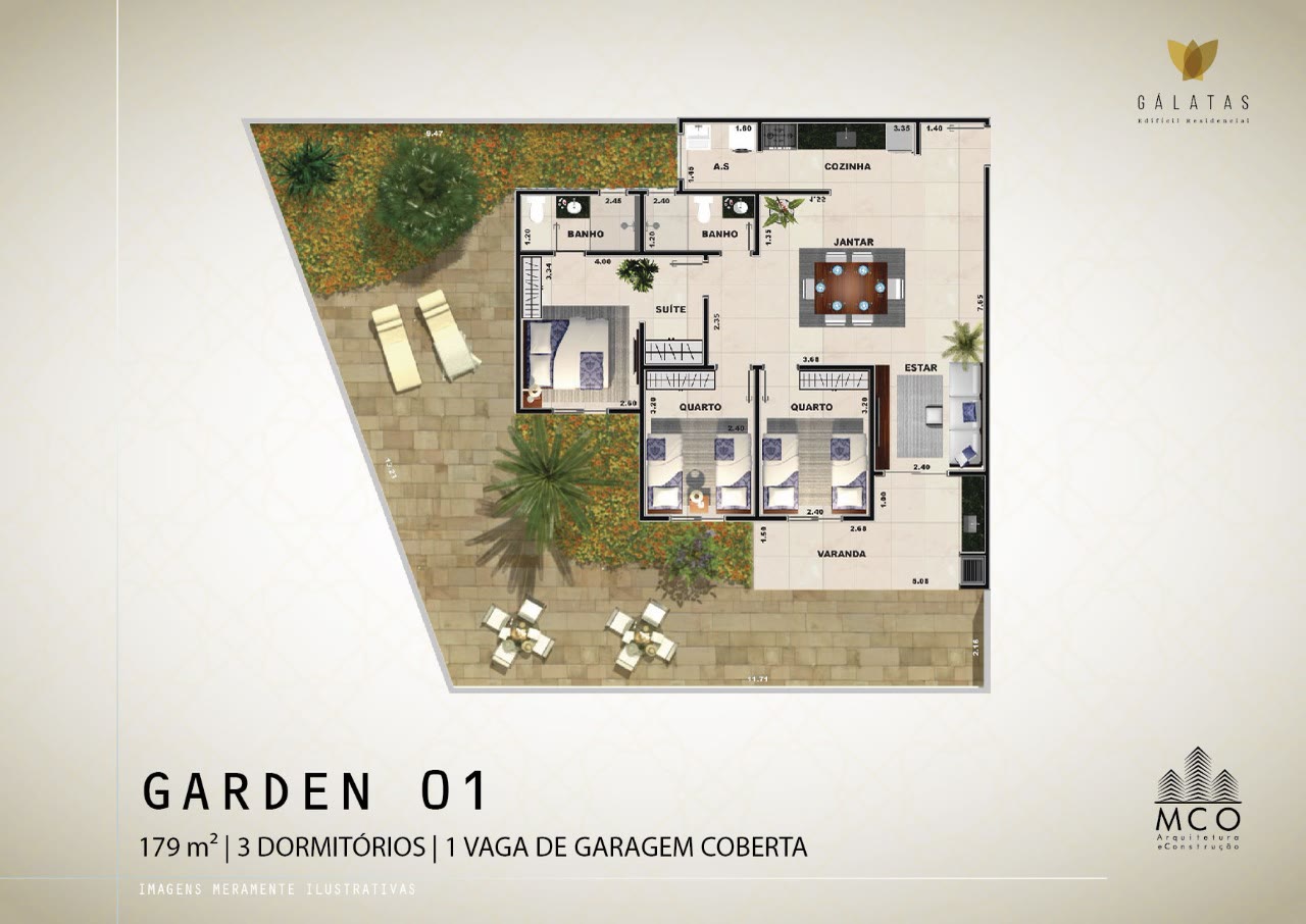 Planta Gardens Gardens 01 a 06 do Residencial Gálatas, 60 a 179 m², Centro, Ubatuba/SP