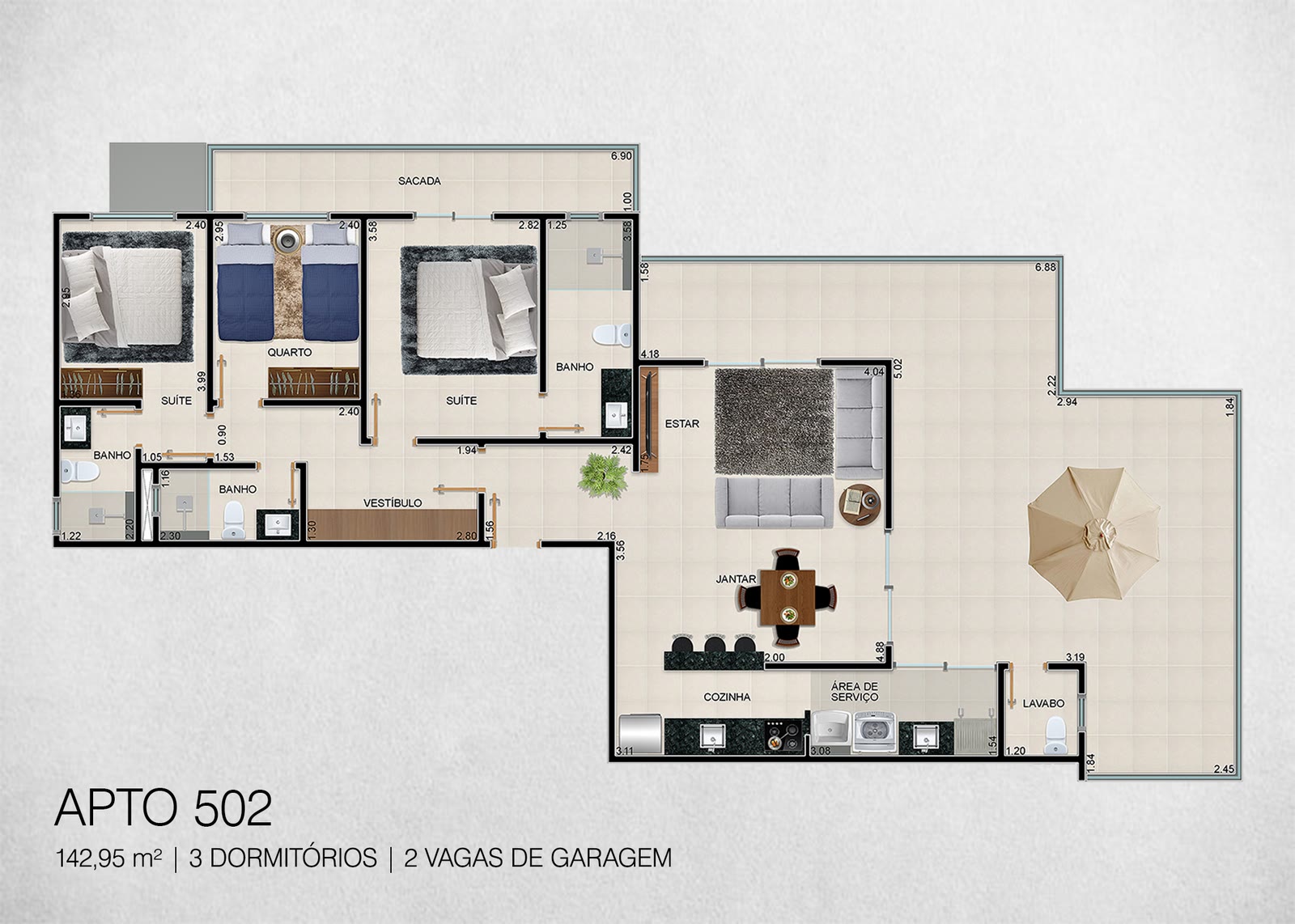Planta Apartamentos 502 a 504 3 dormitórios · último andar do Residencial Marias, 124,21 a 142,95 m², Perequê-Açu, Ubatuba/SP