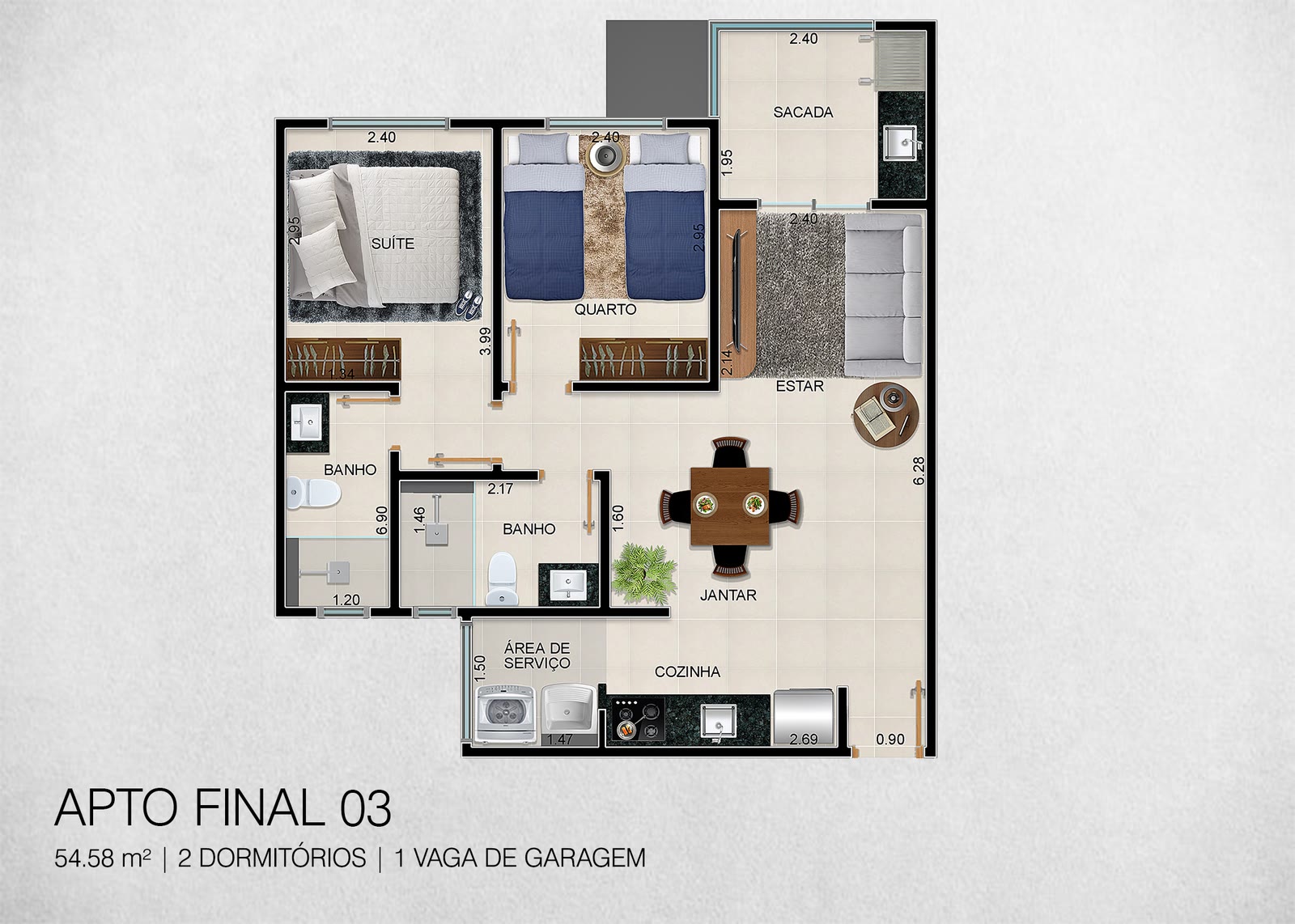 Planta Finais 03 a 06 2 dormitórios do Residencial Marias, 54,58 a 58,20 m², Perequê-Açu, Ubatuba/SP