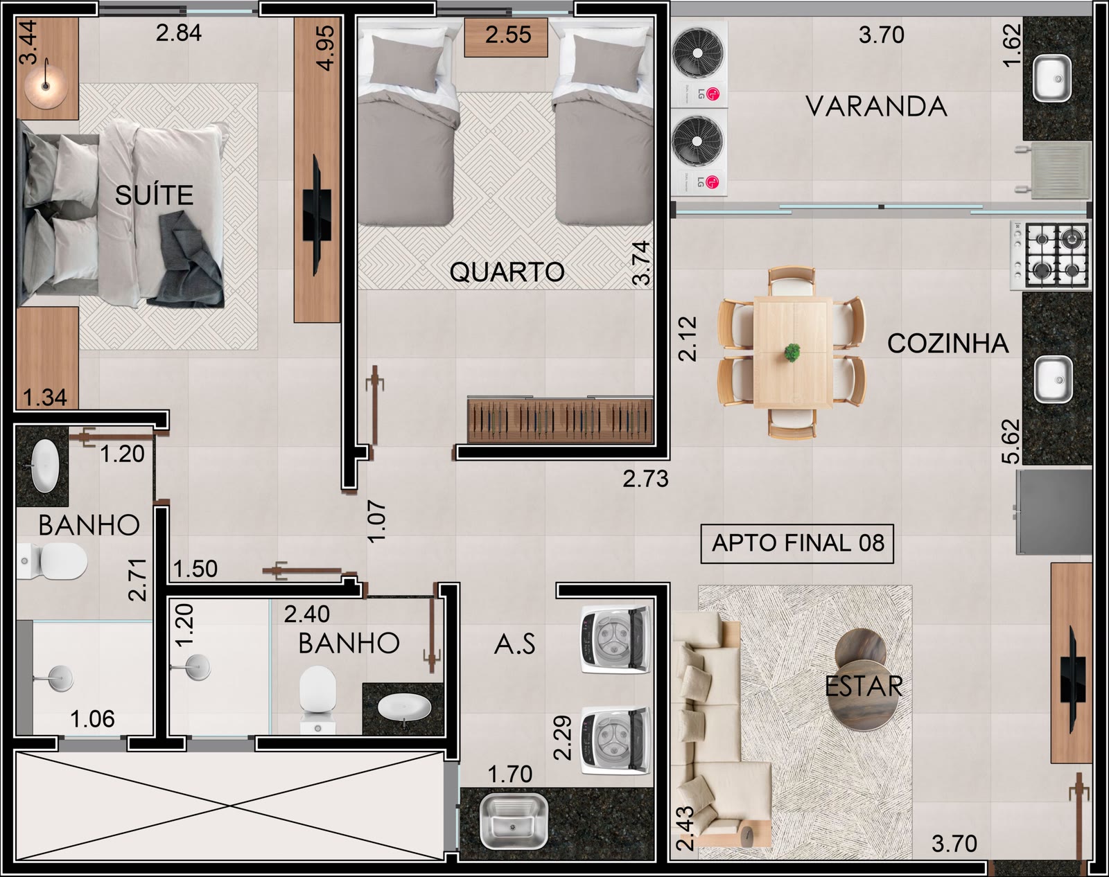 Planta Unidade 208 2º andar · 2 dormitórios do Residencial Yanis, 70,60 m² úteis · 90,40 m² privativos, Praia Grande, Ubatuba/SP