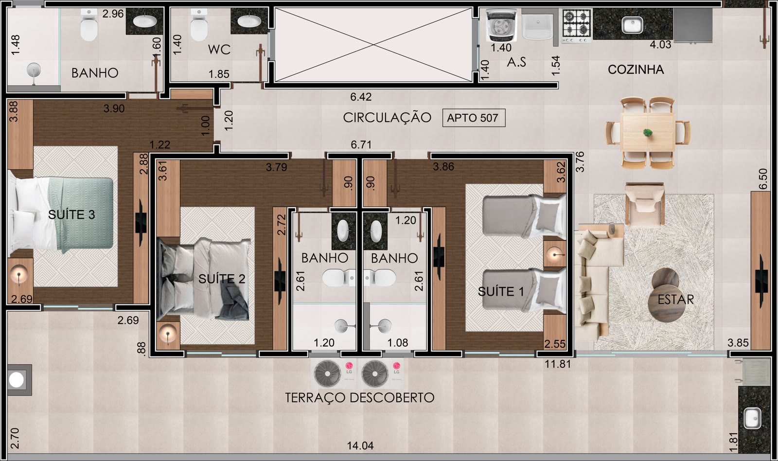 Planta Cobertura 507 5º andar · 3 suítes do Residencial Yanis, 123,23 m² úteis · 143,03 m² privativos, Praia Grande, Ubatuba/SP