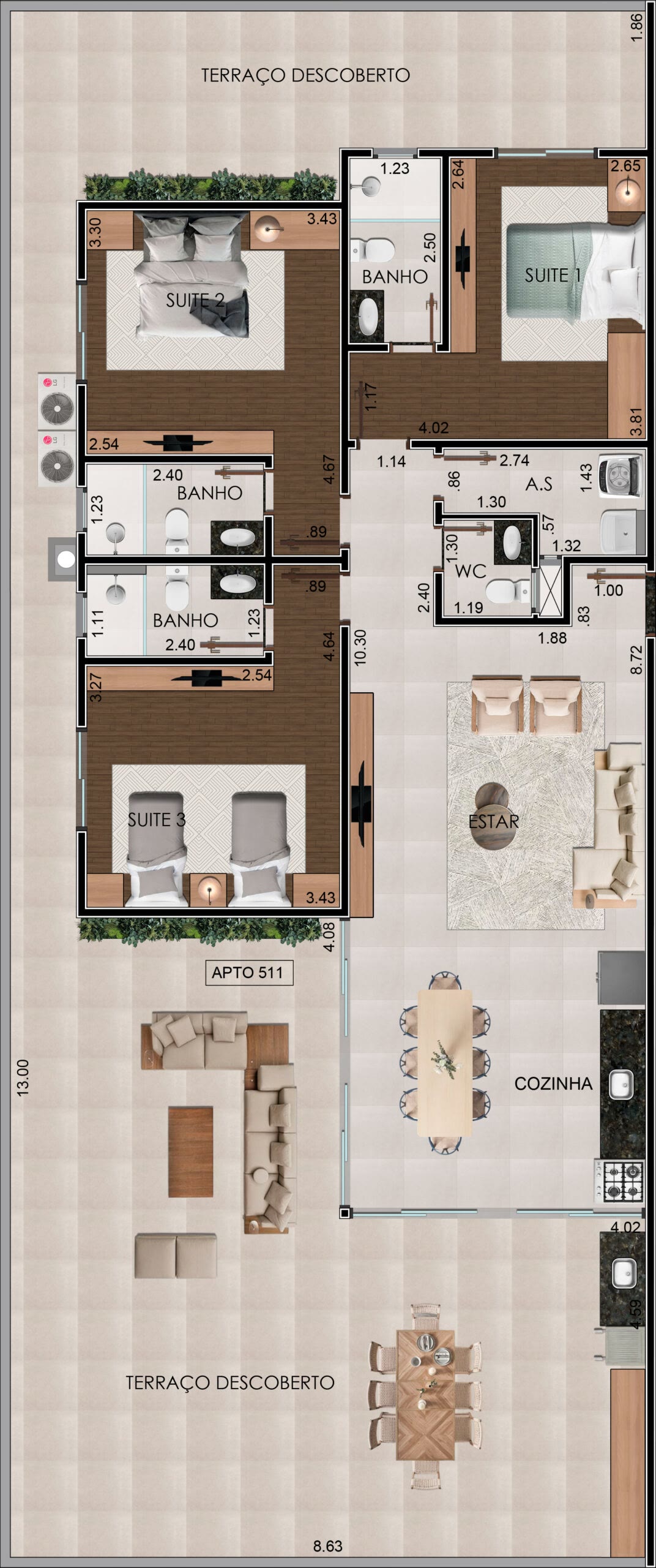 Planta Cobertura 511 5º andar · 3 suítes do Residencial Yanis, 188,56 m² úteis · 208,36 m² privativos, Praia Grande, Ubatuba/SP