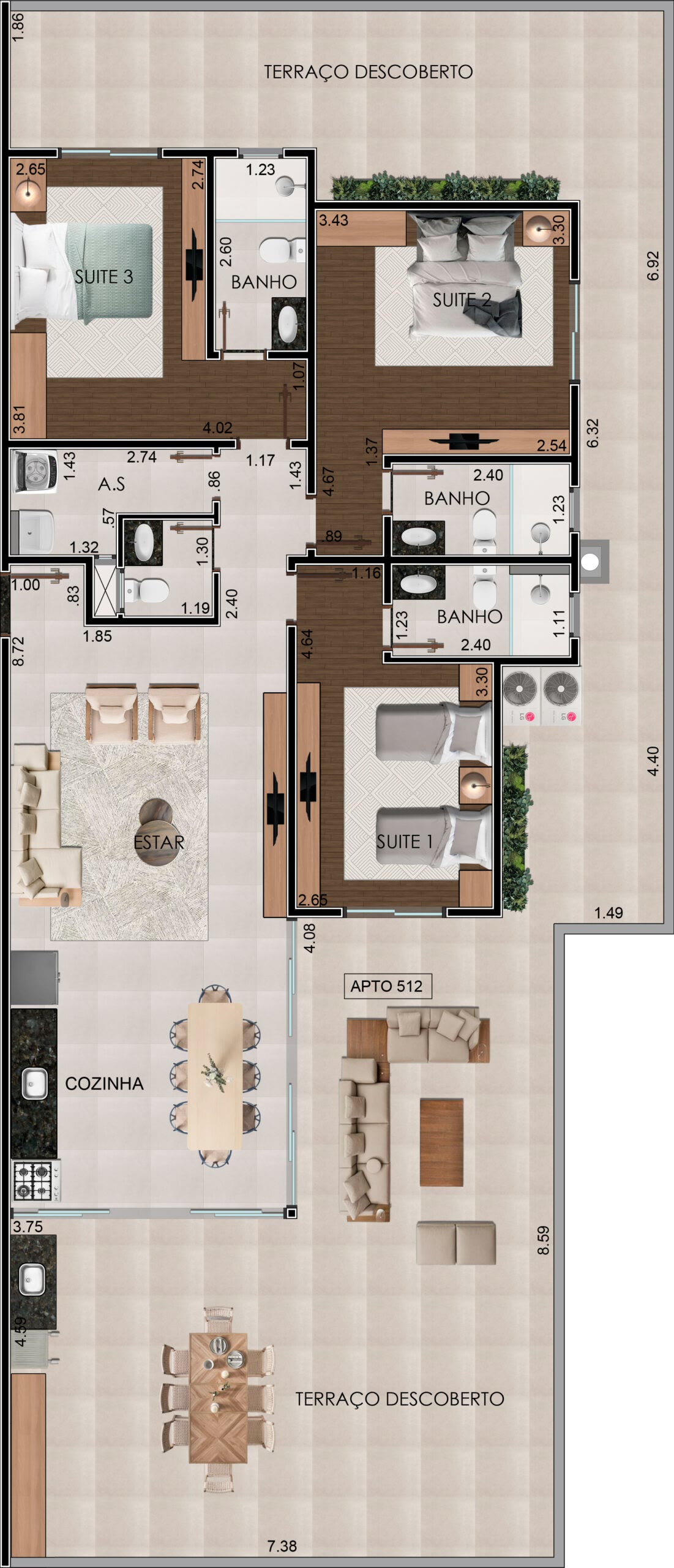 Planta Cobertura 512 5º andar · 3 suítes do Residencial Yanis, 181,08 m² úteis · 200,88 m² privativos, Praia Grande, Ubatuba/SP